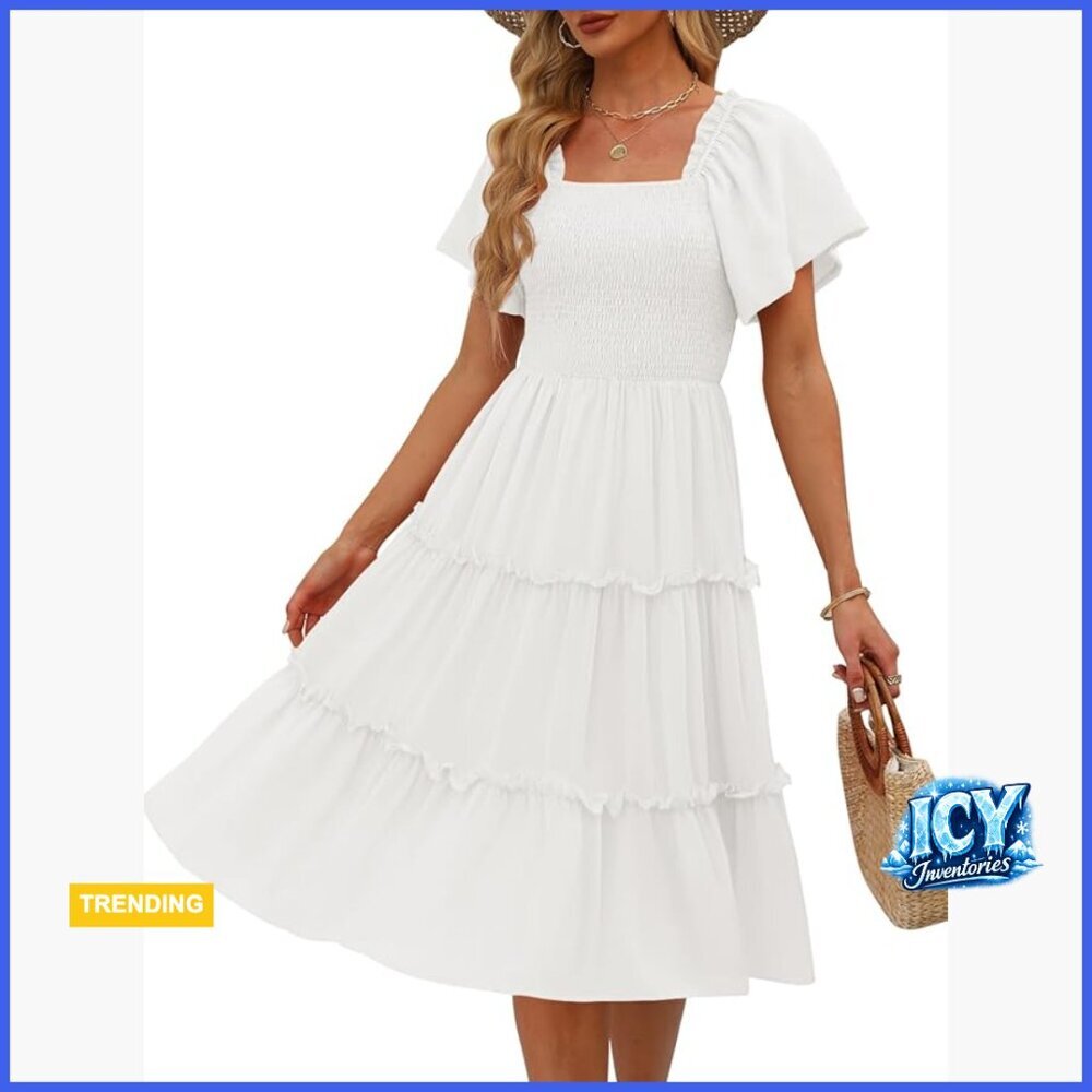 Polyester Flutter Sleeve Square Neck Smocked Midi Dress